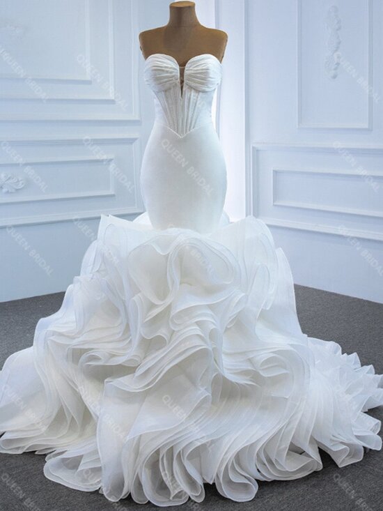 Dresses & Skirts - Elegant Mermaid Wedding Dresses Off Shoulder V-Neck Puffy Train Bridal Gowns 12
